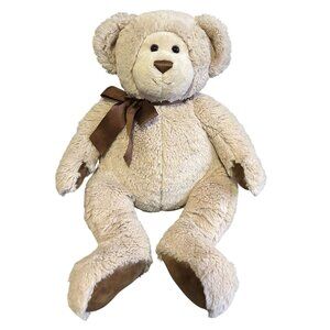 Gund Winslow Teddy Bear Plush 16" Almond Color W/ Suede Paws & Brown Ribbon Bow